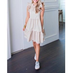 Karlie Khaki Poplin Ruffle‎ Tiered Dress Size L Flutter Sleeve Coastal Cowgirl